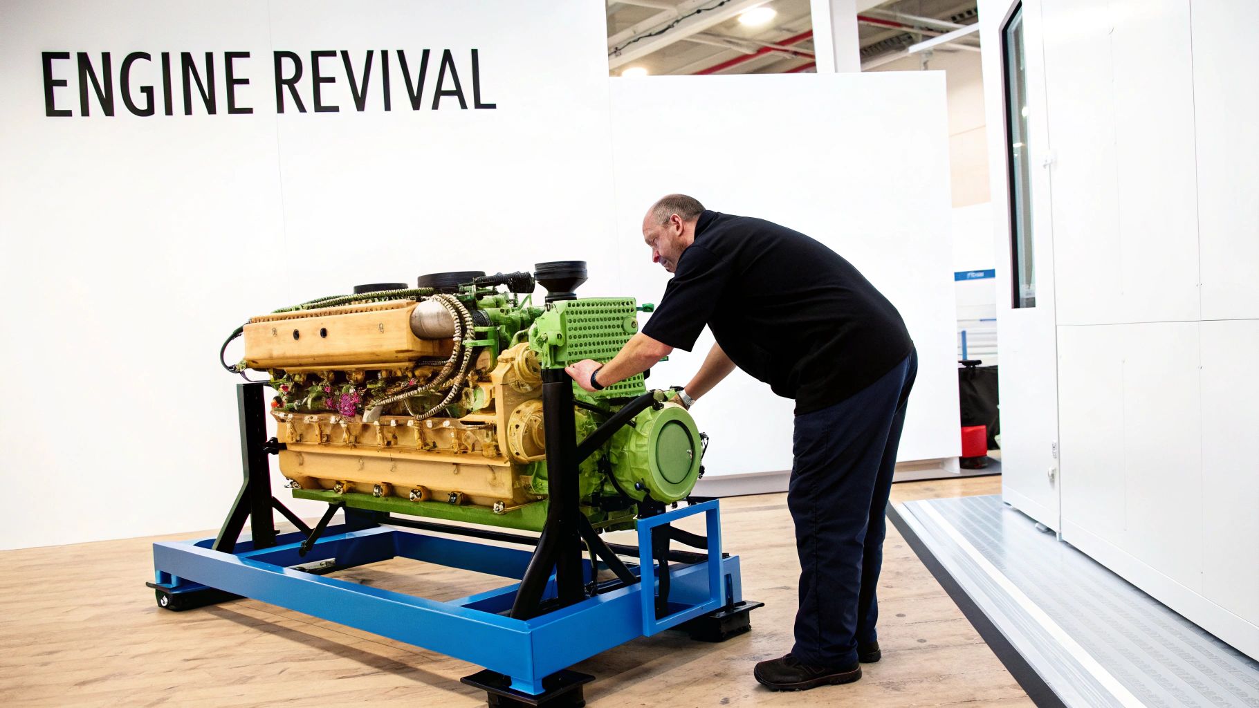 A man in a black shirt inspects a large industrial engine on a blue stand with 'ENGINE REVIVAL' text.