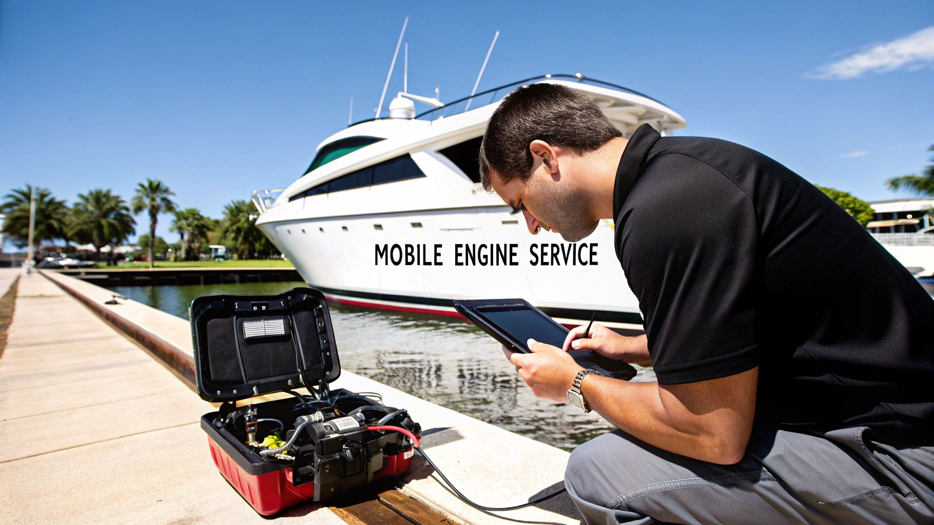 Man diagnosing a portable marine engine on a dock with a yacht in the background under a blue sky.