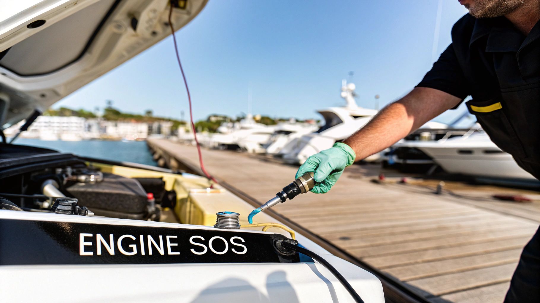 Mechanic with green gloves adding blue liquid to an engine with 'ENGINE SOS' at a marina.