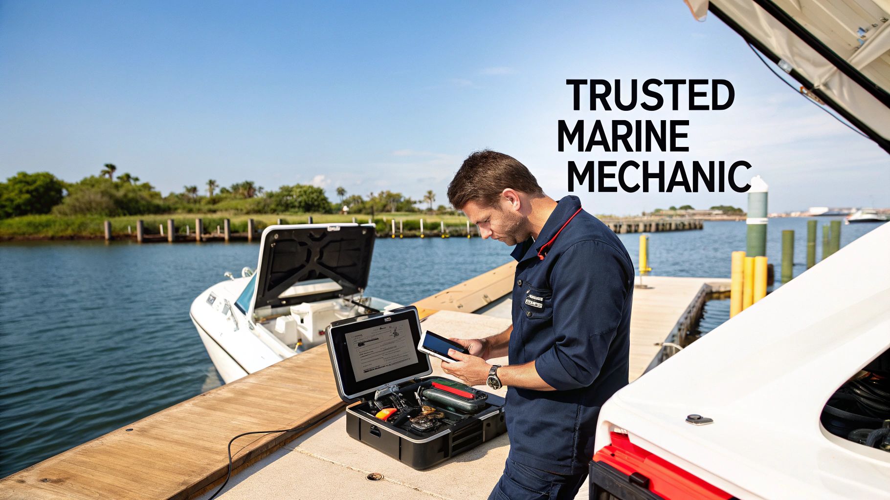 A trusted marine mechanic uses diagnostic tools and a tablet to repair a boat at a sunny dock.