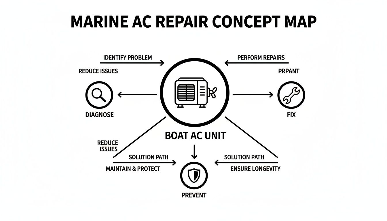 A concept map illustrating the marine AC repair process, detailing diagnosis, fixing, maintenance, and prevention for boat AC units.