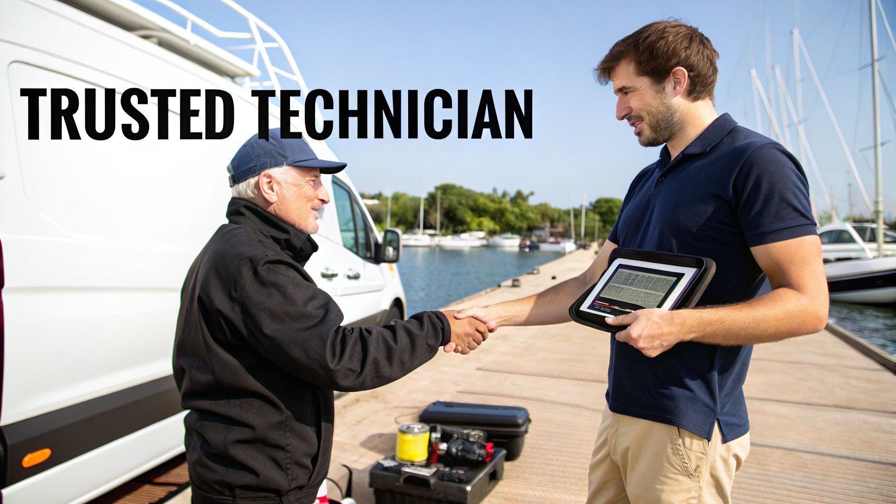 A trusted technician in a cap shaking hands with a client by a pier and boat.