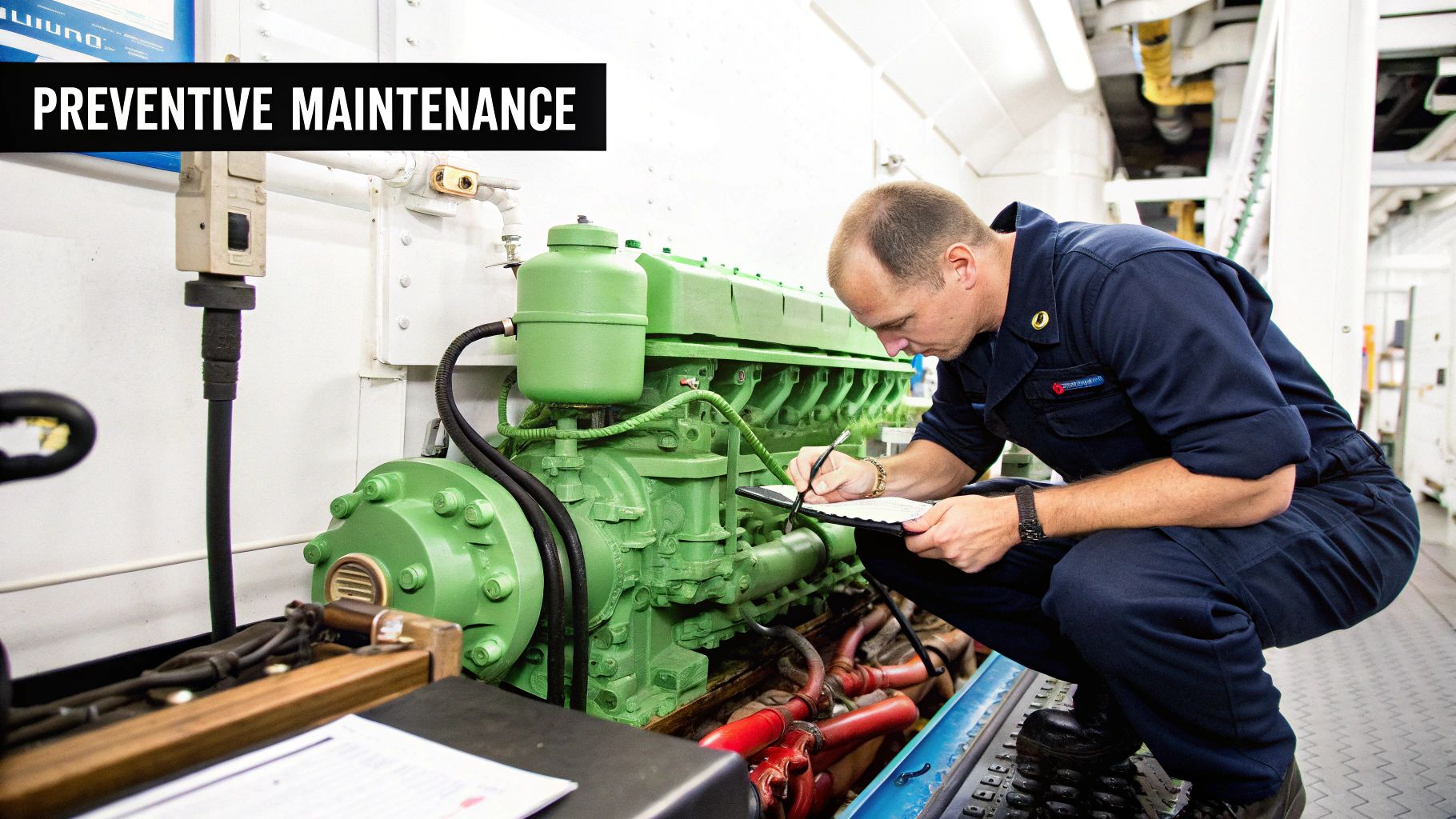 Engineer in uniform performing preventive maintenance on a large green marine engine, writing notes.