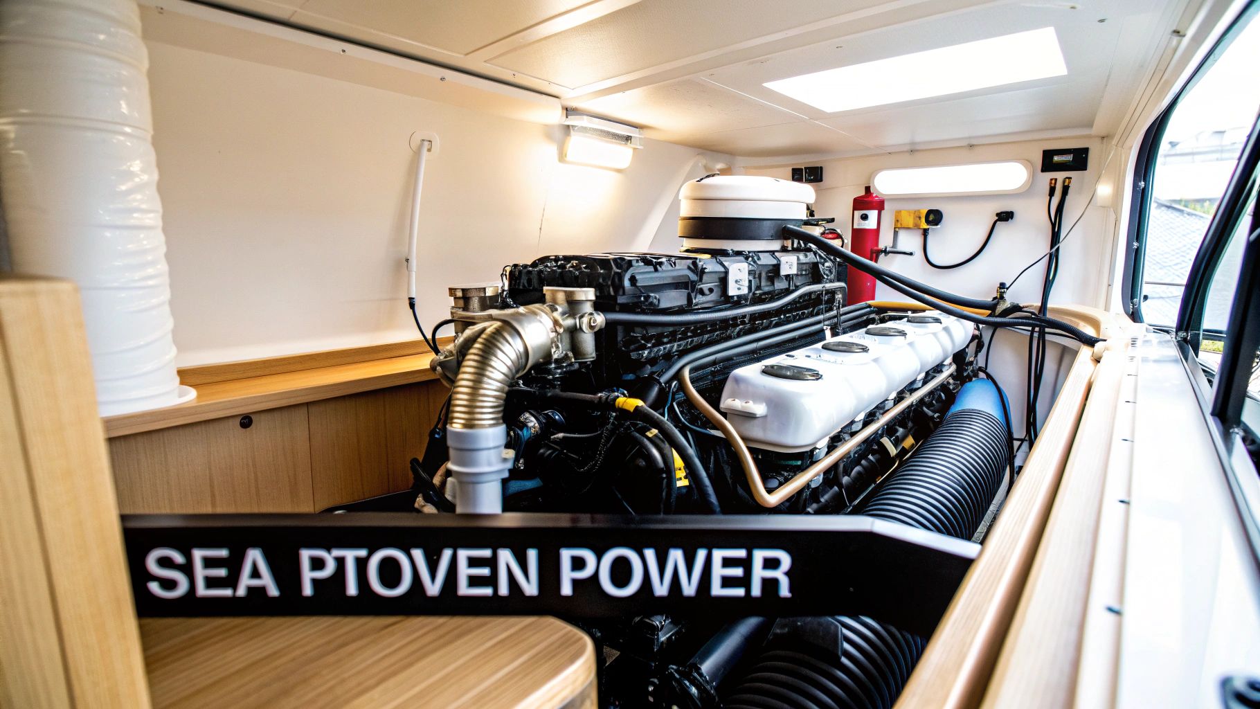 A robust marine diesel engine installed in a clean boat compartment with white walls and wooden accents.