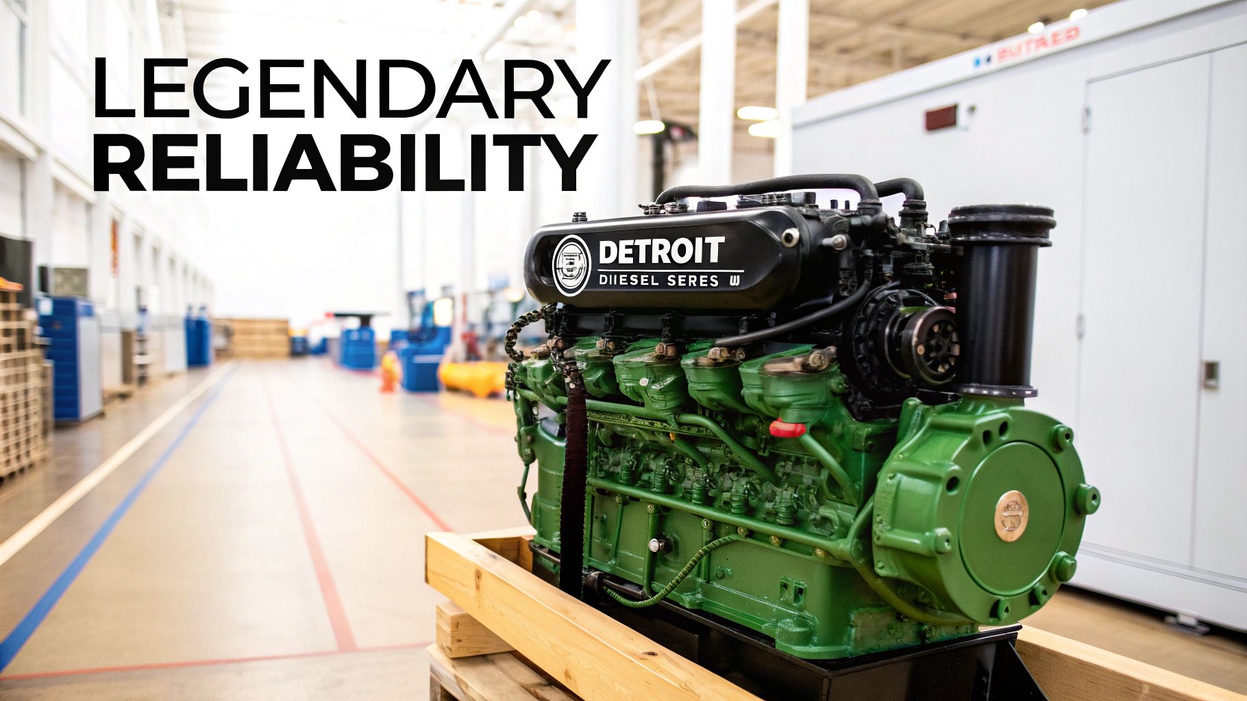 A powerful green and black Detroit Diesel Series W engine sits on a pallet, emphasizing legendary reliability in an industrial facility.
