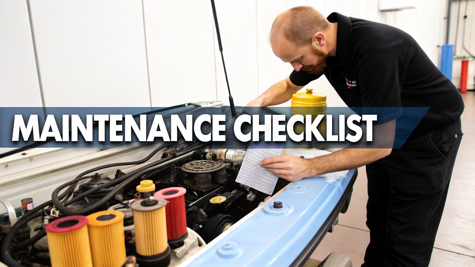 A mechanic examines a car engine with a maintenance checklist, with new filters nearby.