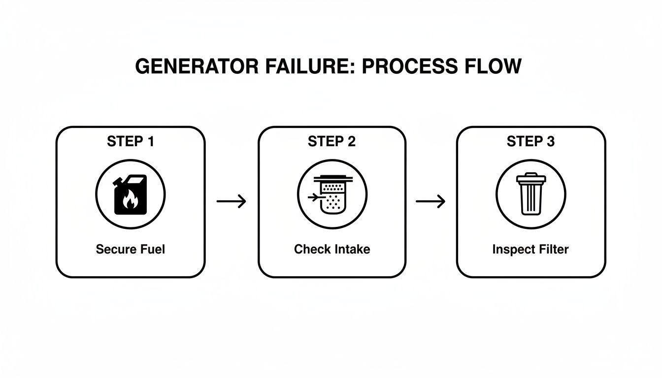 A three-step process flow for generator failure showing securing fuel, checking intake, and inspecting filter.