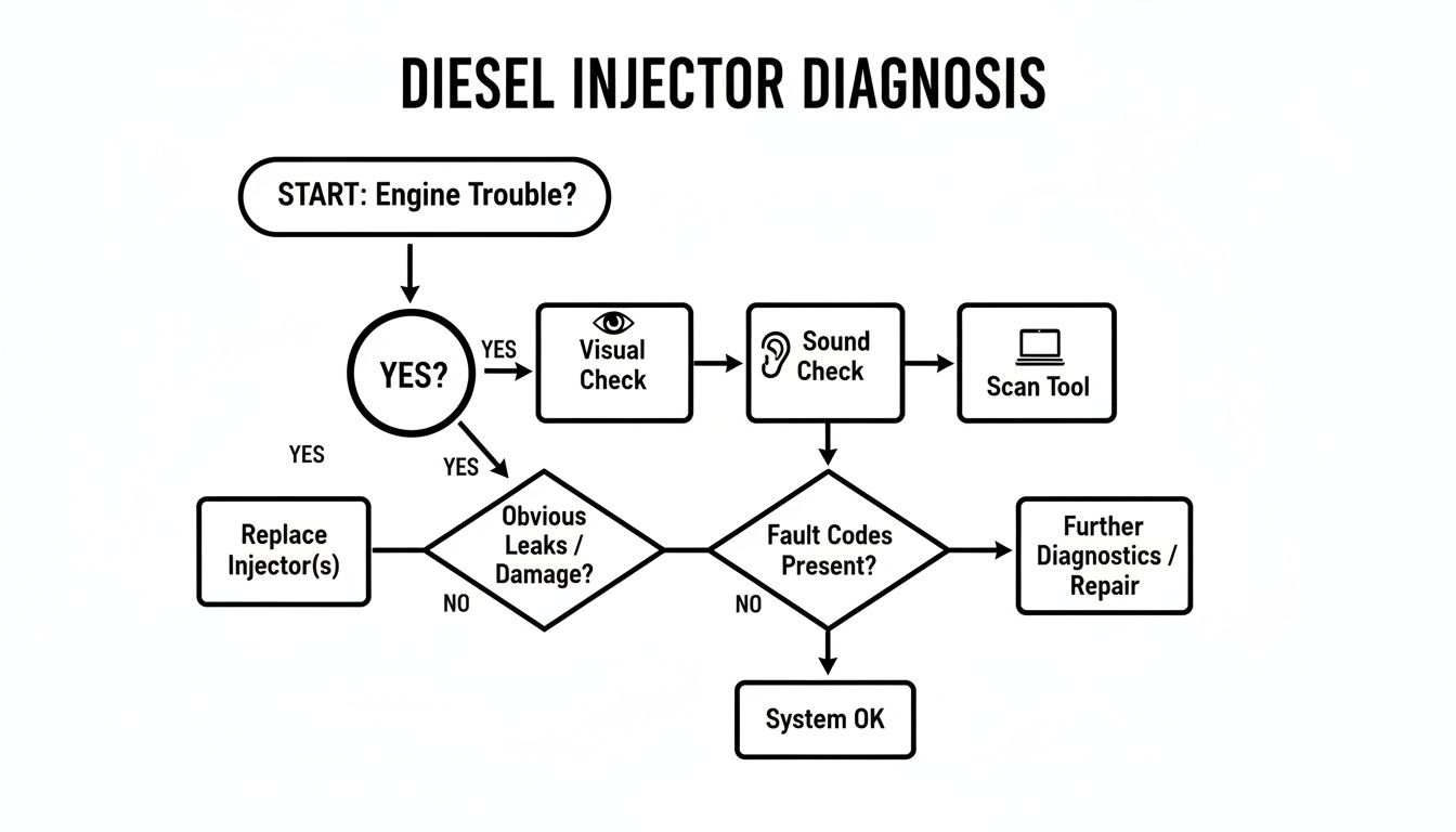 Flowchart outlining the diagnostic process for diesel injectors, covering visual, sound, and scan tool checks.