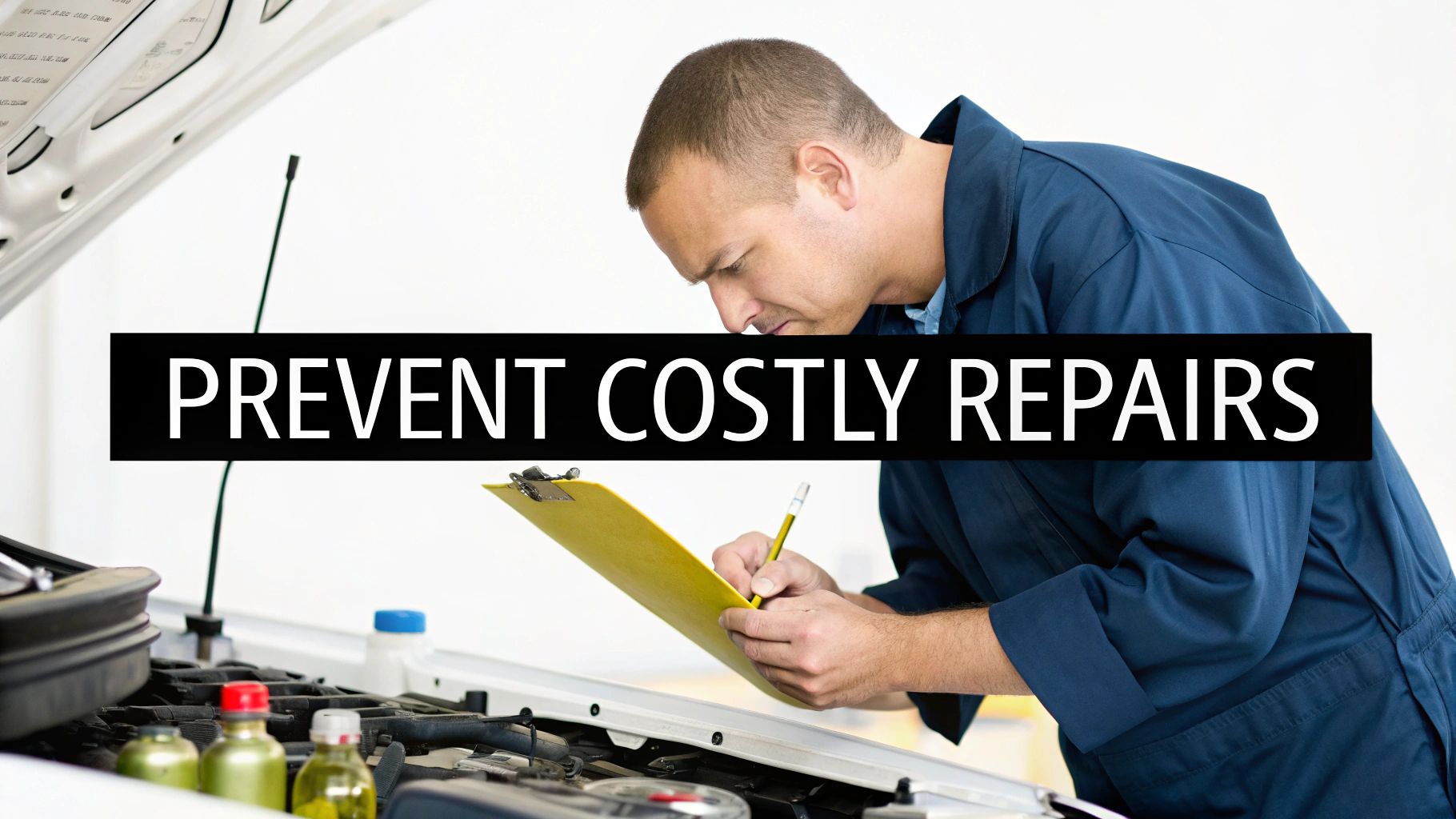 A mechanic inspecting a car engine with a clipboard and pencil, emphasizing preventing costly repairs.