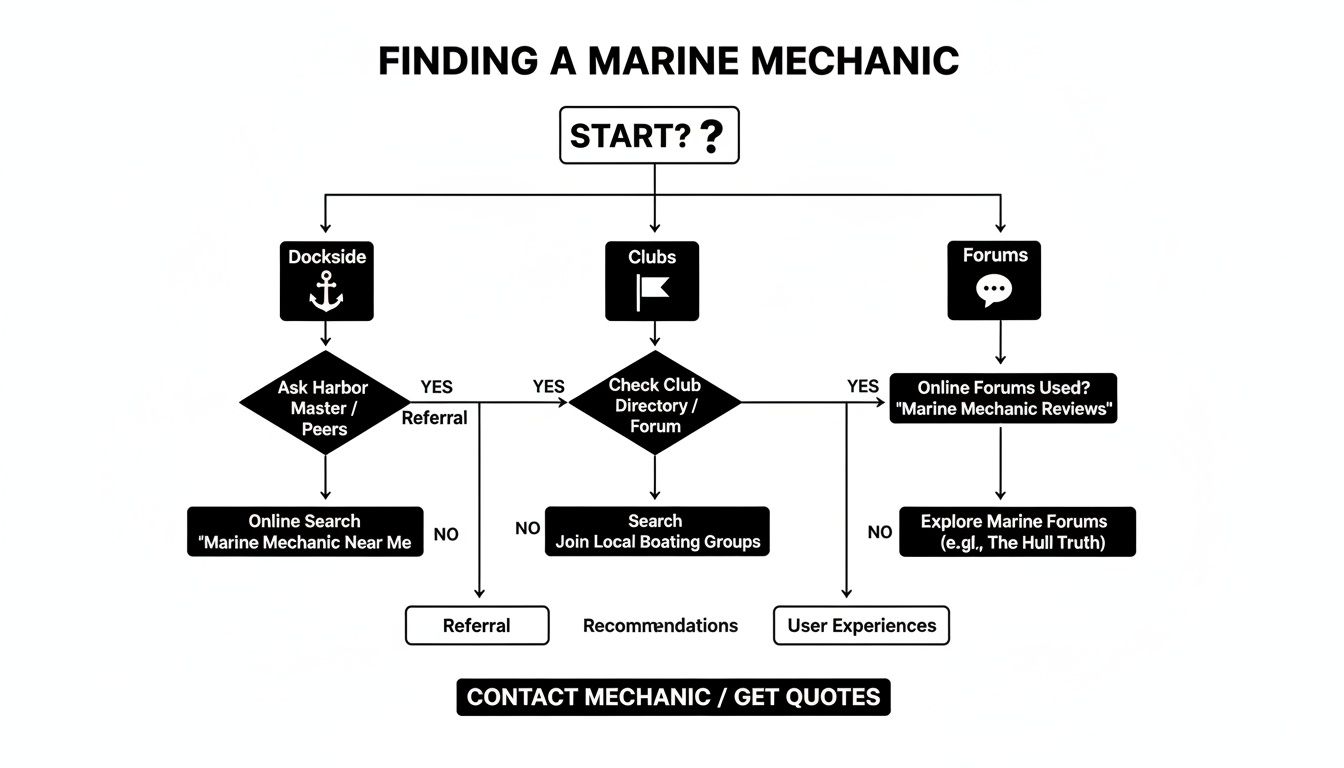 Flowchart detailing steps to find a marine mechanic through dockside inquiries, clubs, and online forums.