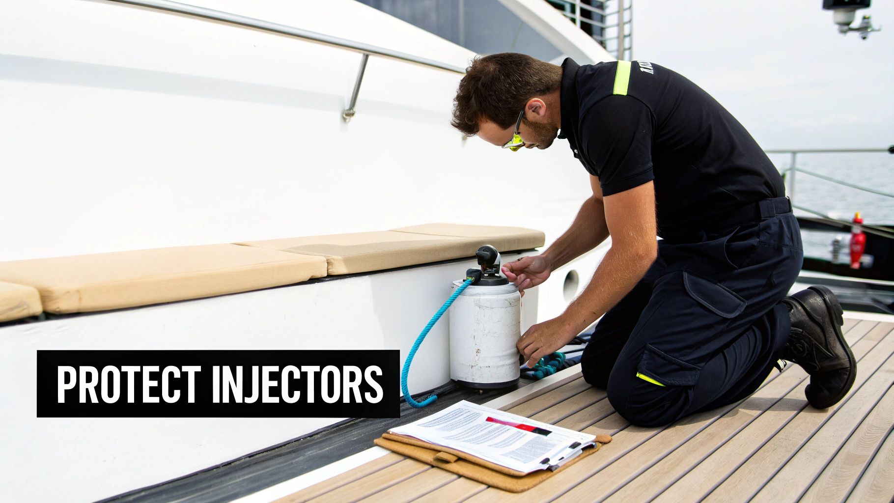 A technician kneels on a boat deck, performing maintenance on a device, likely protecting diesel injectors.