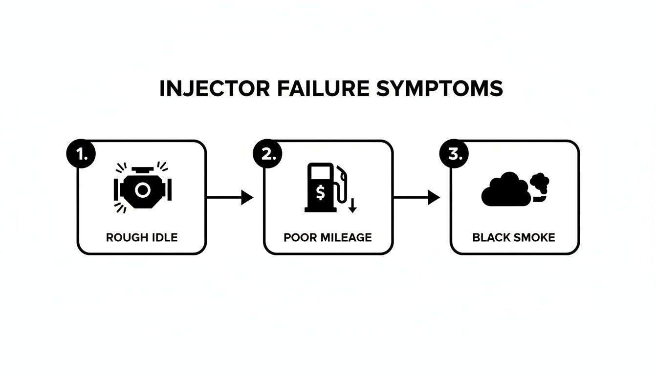 An infographic illustrating three key symptoms of injector failure: rough idle, poor mileage, and black smoke.