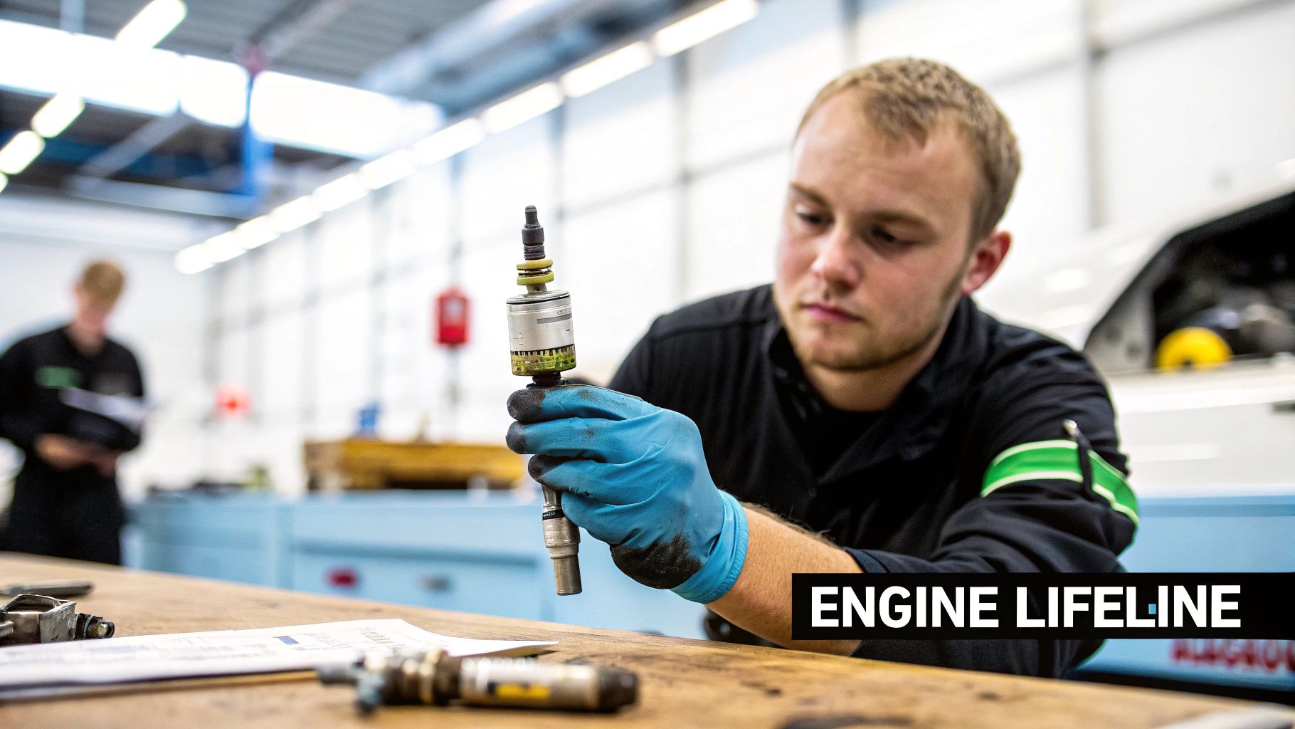 A young technician wearing blue gloves carefully inspects a disassembled fuel injector in a workshop setting.