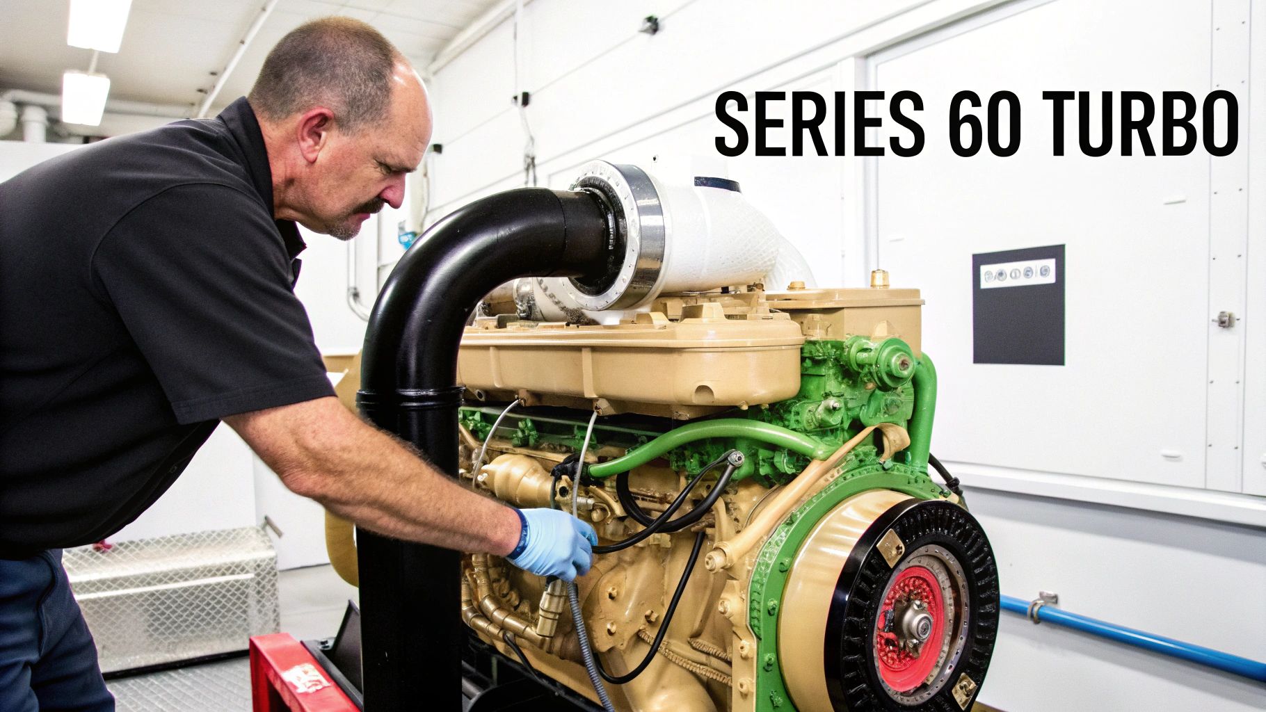 A technician in blue gloves works on a large Detroit Series 60 Turbo engine in a workshop.