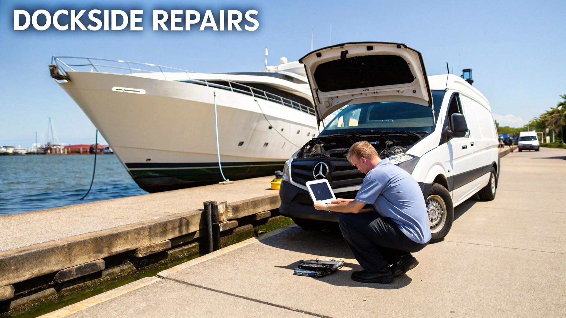 Technician performs dockside repairs on a white van using a tablet, with a yacht in the background.