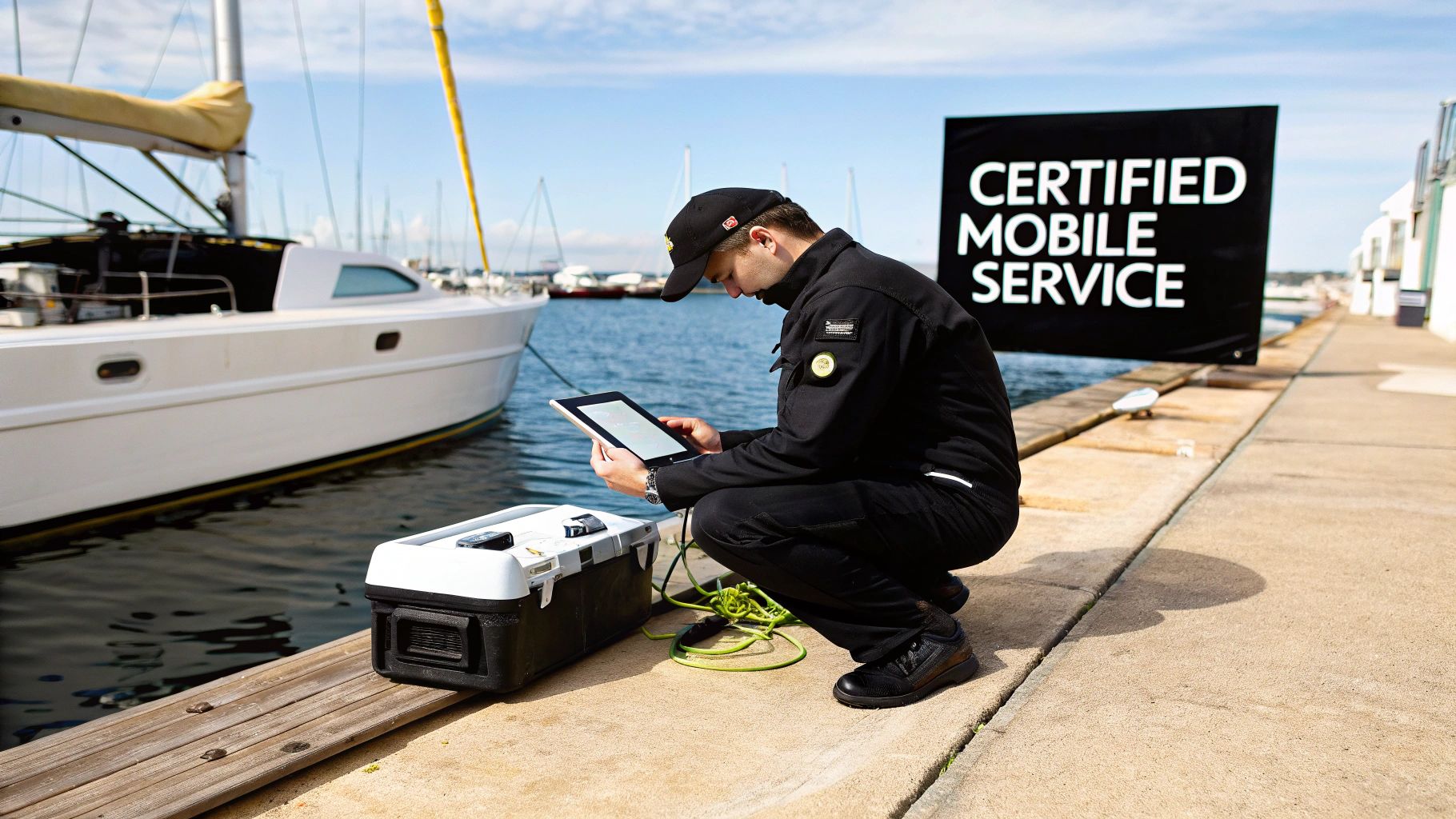 A technician crouches by a boat, using a tablet for certified mobile service at a marina.