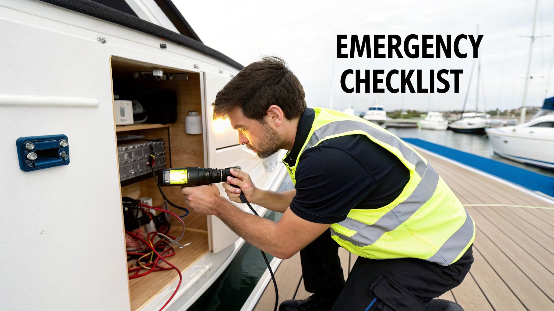 A technician performs an emergency check on a boat's electrical system with a diagnostic tool.