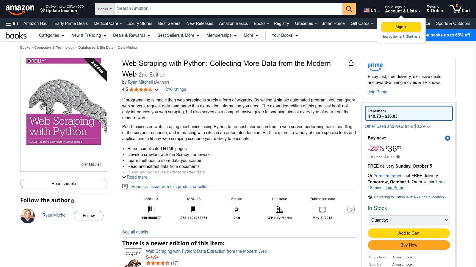 A screenshot of the Amazon product page for 'Web Scraping with Python, 2nd Edition'