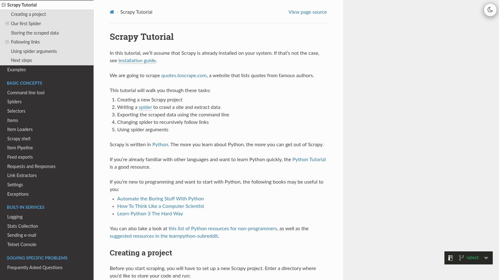 A screenshot of the official Scrapy documentation tutorial page.