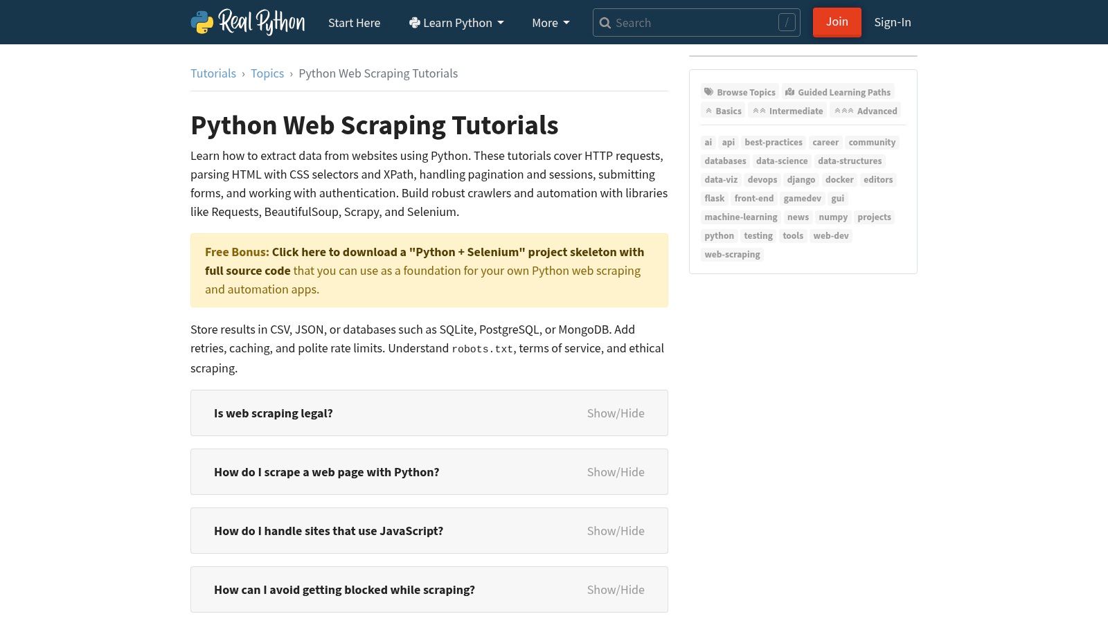 A screenshot of the Real Python web scraping tutorials page.