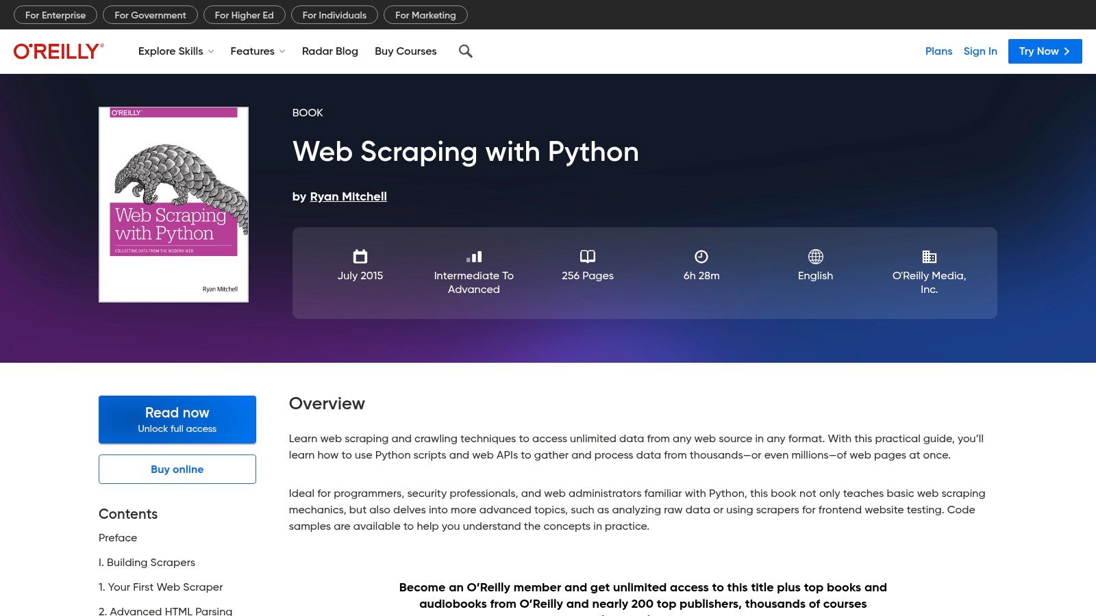 A screenshot of the O’Reilly Learning platform showing the book 'Web Scraping with Python'