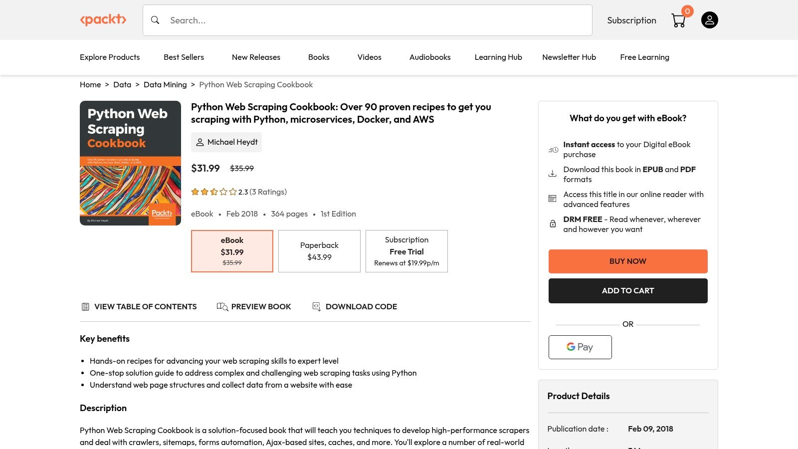 A screenshot of the Packt product page for 'Python Web Scraping Cookbook'