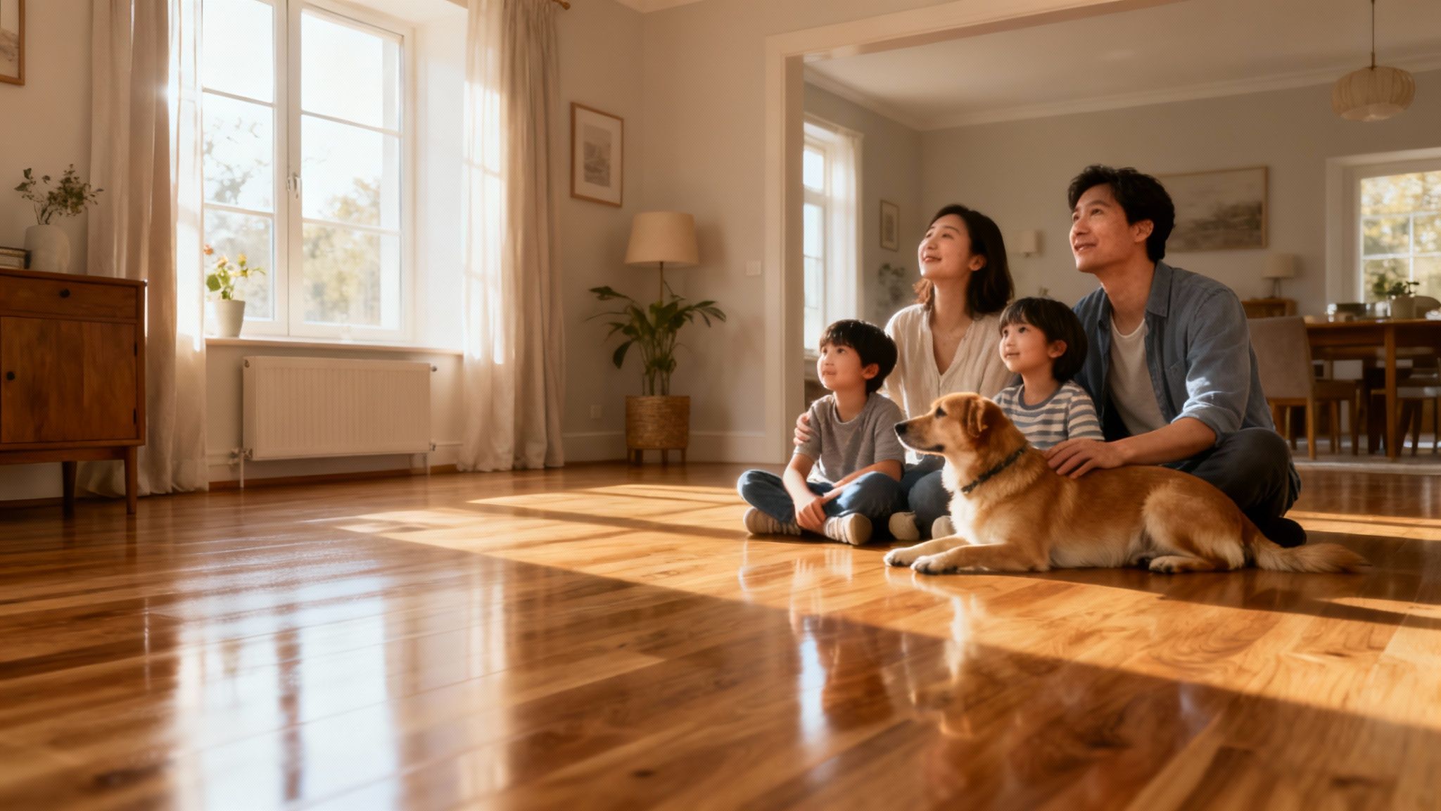 Plancher de bois franc brillant et impeccable, reflétant la lumière d'une fenêtre dans une maison propre.