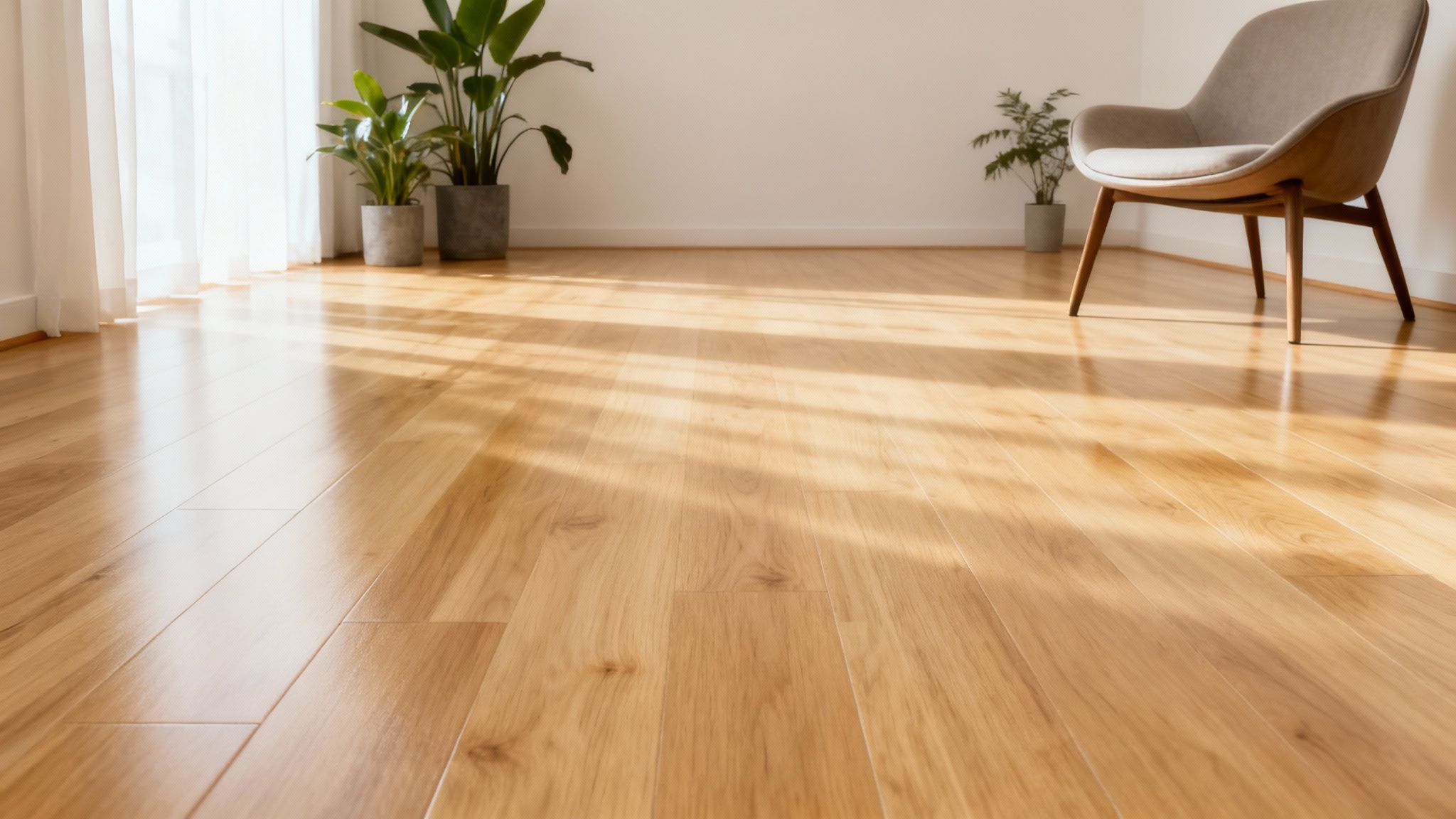 Personne appliquant du vernis à base d'eau sur un plancher de bois franc avec un applicateur.