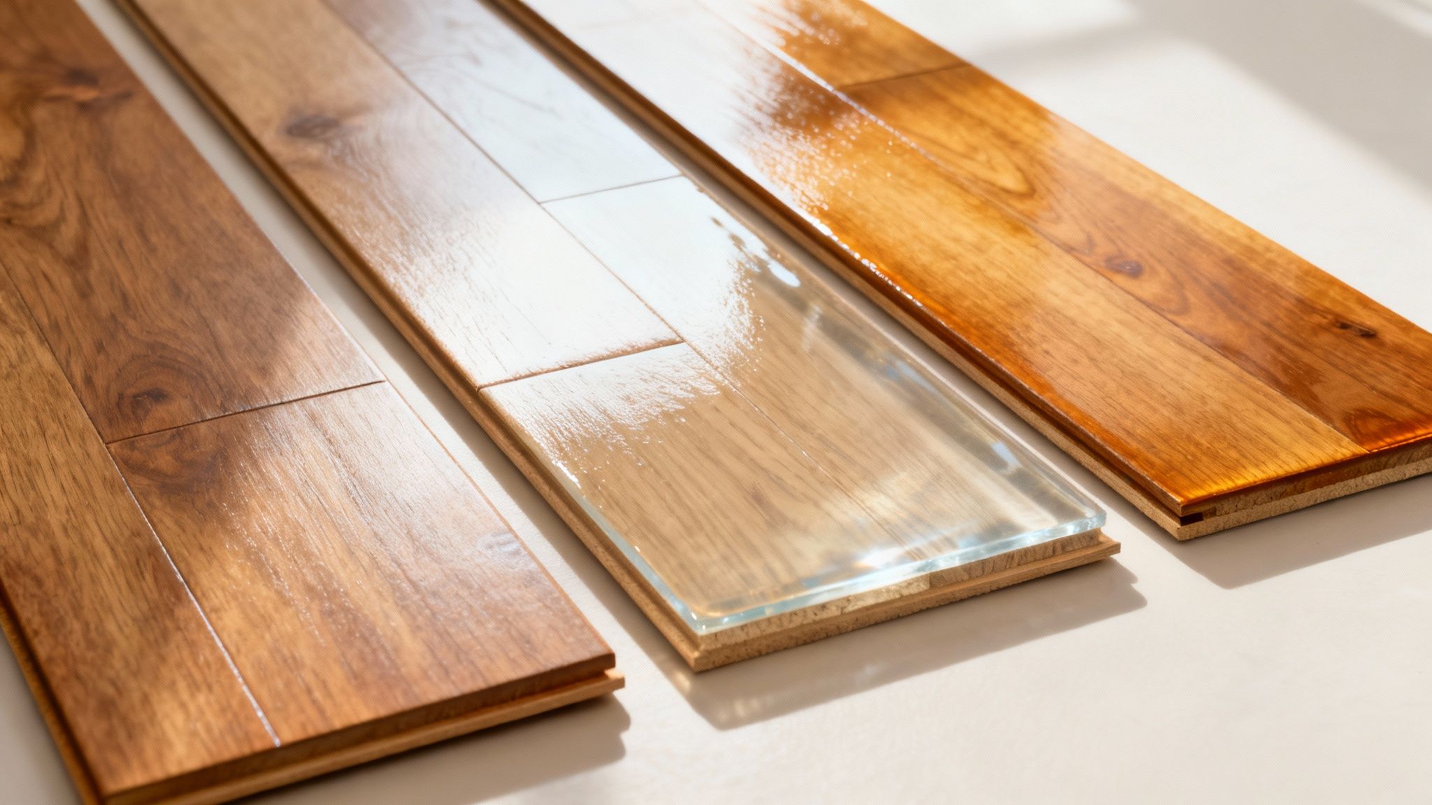 Un professionnel appliquant une couche de vernis sur un plancher de bois fraîchement sablé.