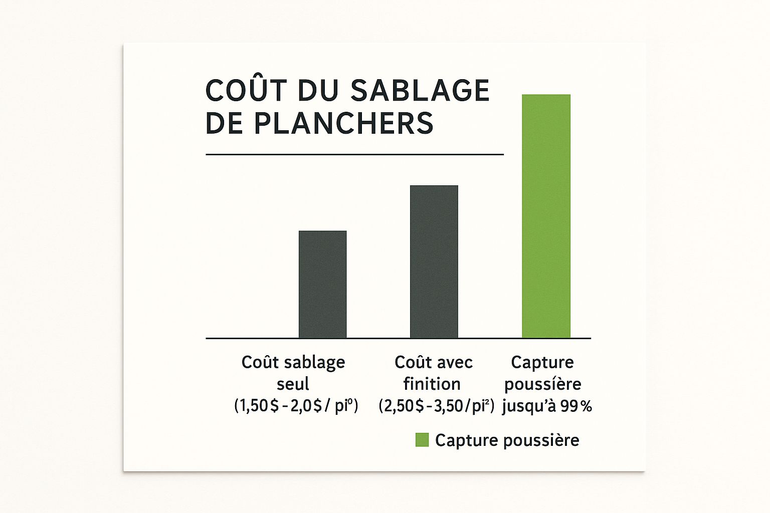 Infographie illustrant les coûts du sablage de plancher, avec des barres pour le sablage seul, le sablage avec finition, et l'efficacité de la capture de poussière.