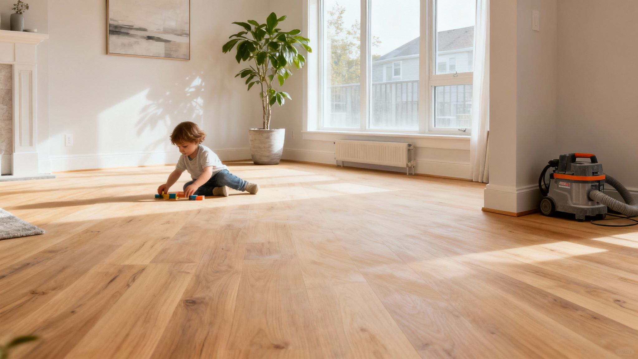 Plancher en bois franc fraîchement sablé et verni dans un salon lumineux à Laval