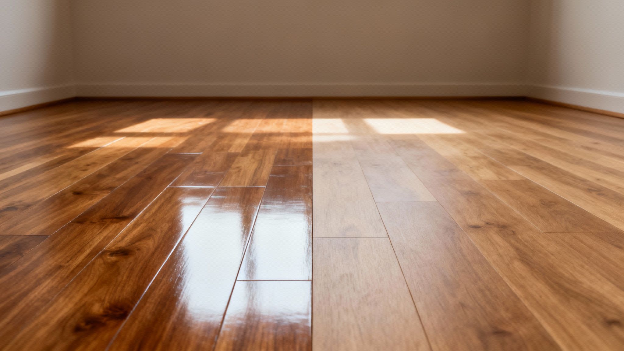 Plancher fraîchement verni montrant une finition brillante et protectrice.