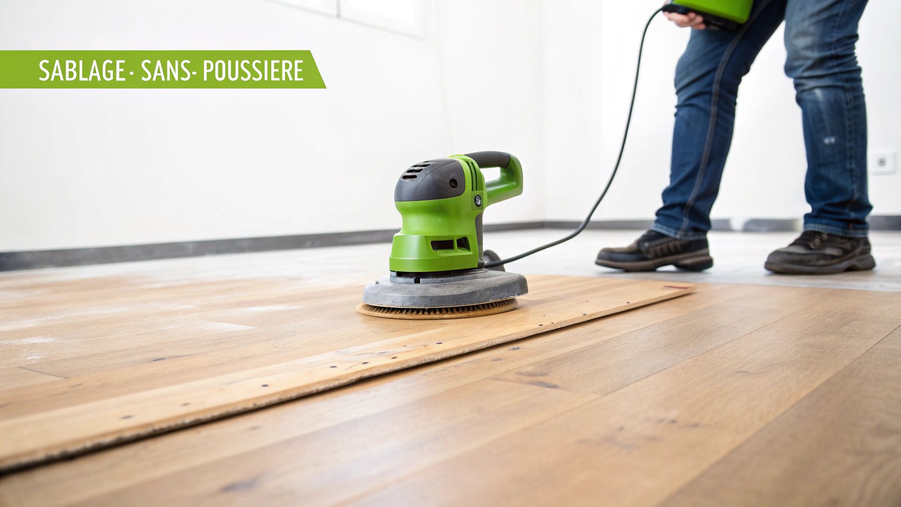 Personne en train de sabler un plancher de bois