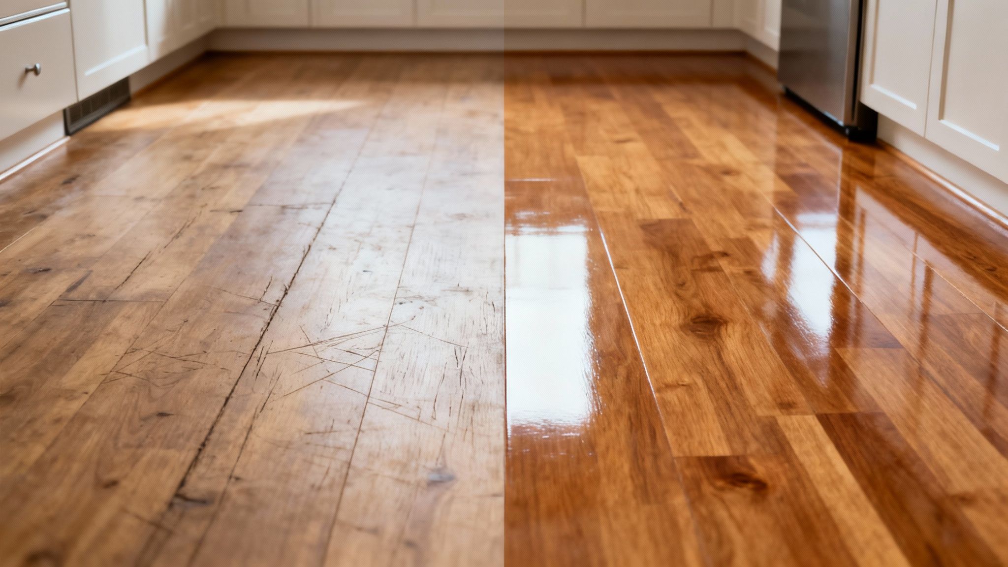 Plancher de bois franc fraîchement verni sous la lumière du soleil.