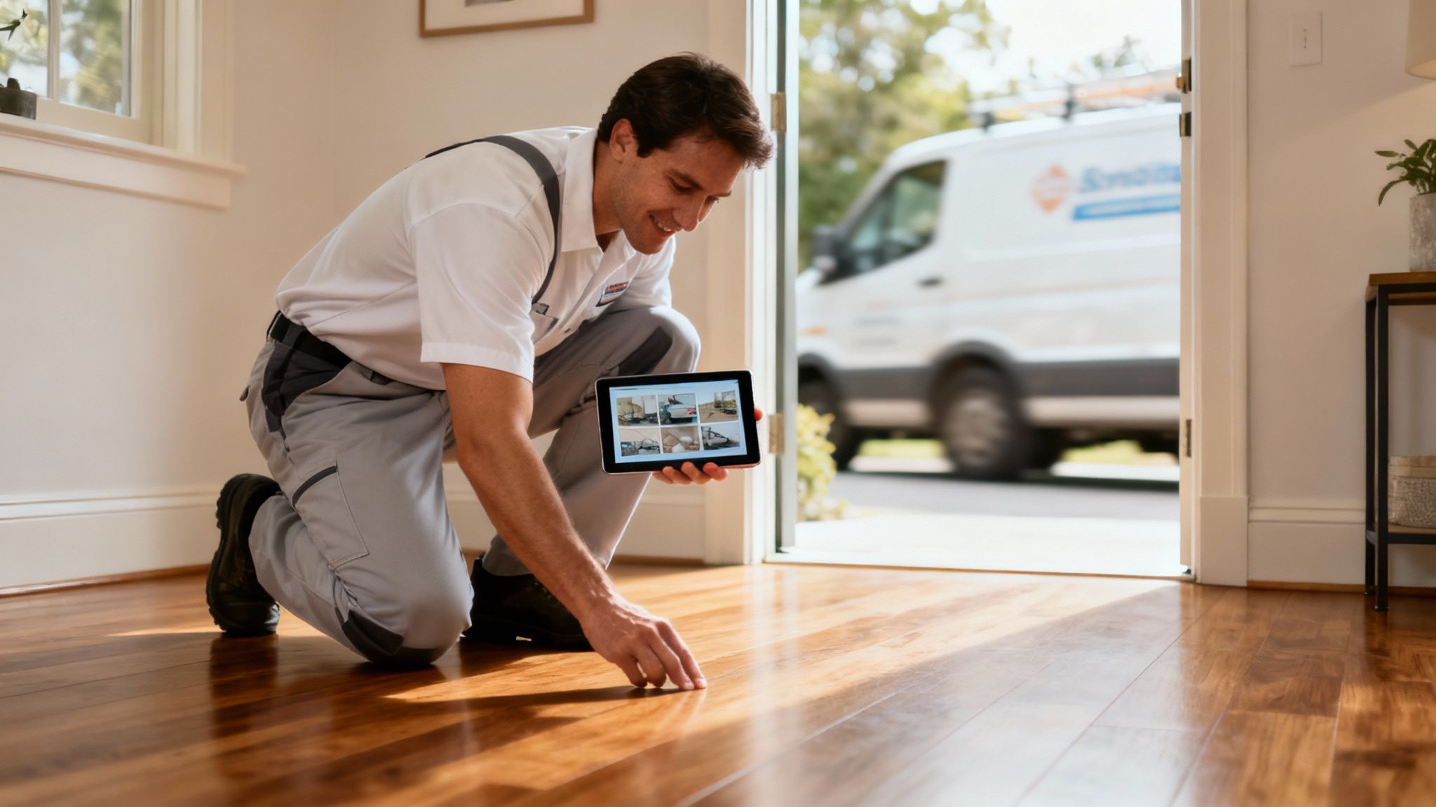 Un professionnel utilisant une sableuse de plancher avec un système d'aspiration de poussière.