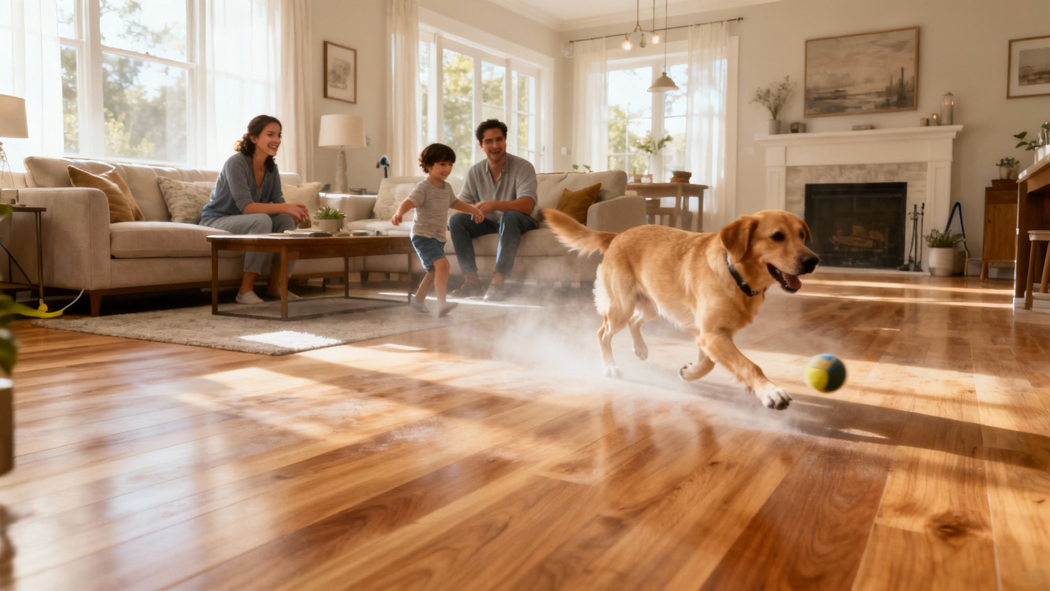 Une famille profitant d'un plancher de bois fraîchement sablé et verni dans un salon lumineux.