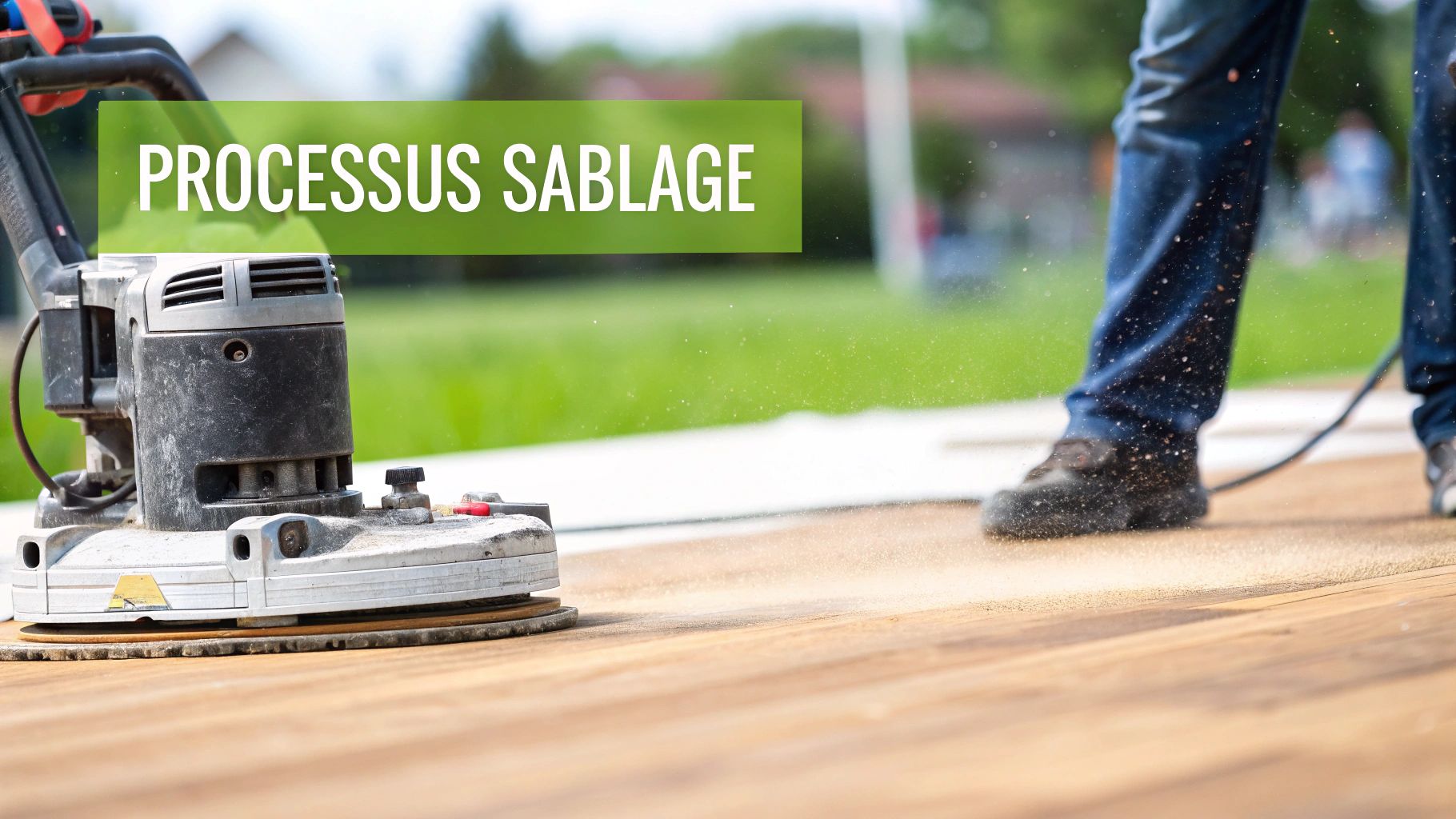 Une sableuse professionnelle en action sur un plancher de bois franc.