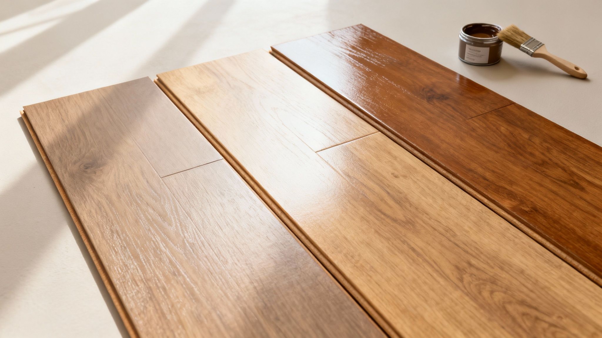 Pot de vernis et pinceau posés sur un plancher en bois fraîchement sablé