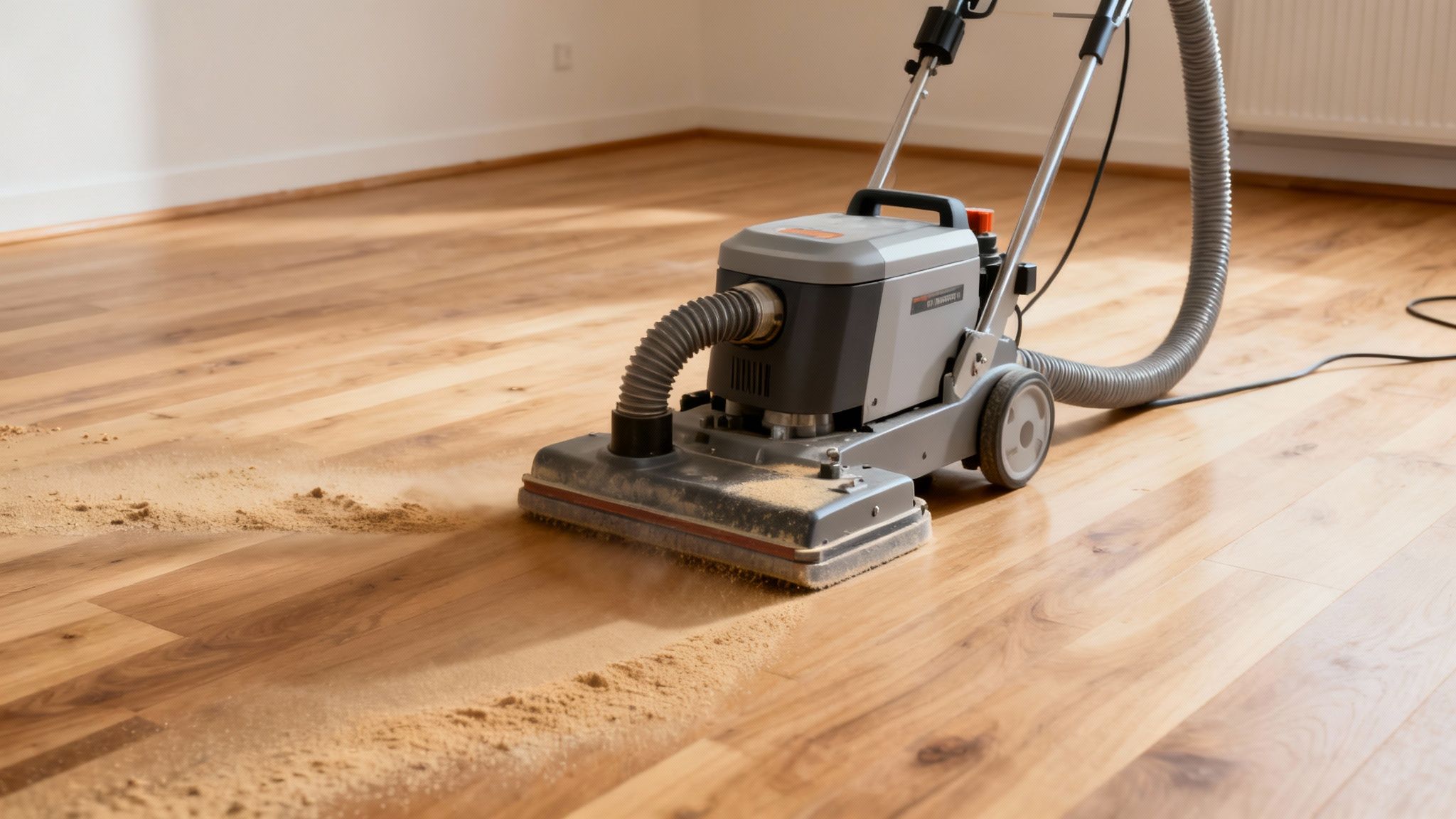 Une sableuse de plancher sans poussière en action, montrant un environnement de travail propre et efficace.