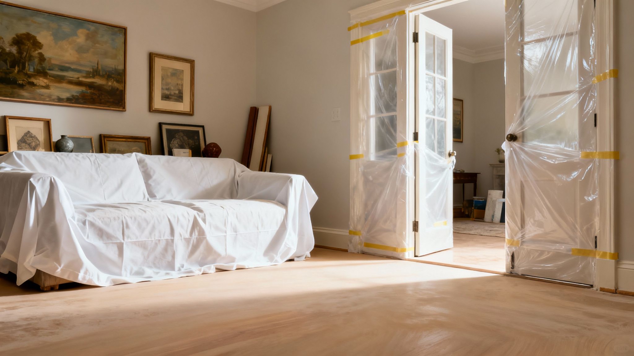 Une pièce vide avec des meubles couverts, prête pour des travaux de rénovation.