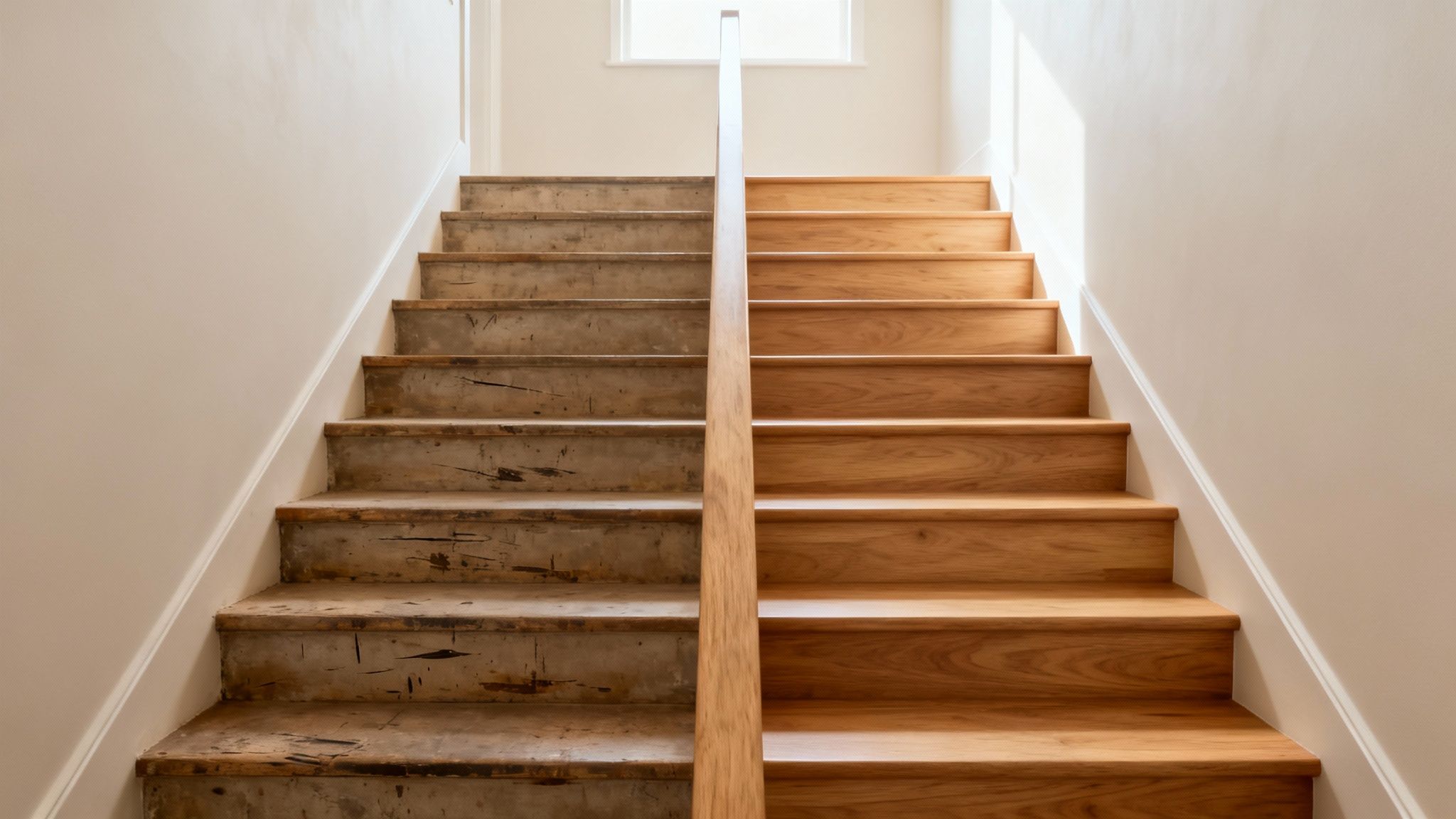 Escalier en bois restauré en parfaite harmonie avec le plancher