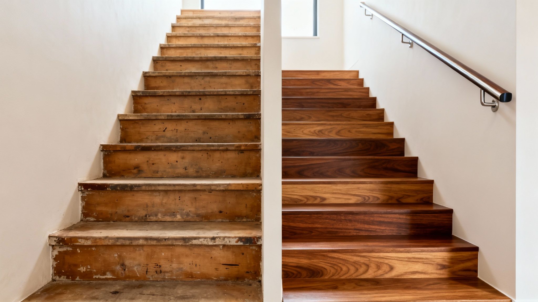 Un escalier en bois fraîchement rénové, montrant une finition lisse et moderne.