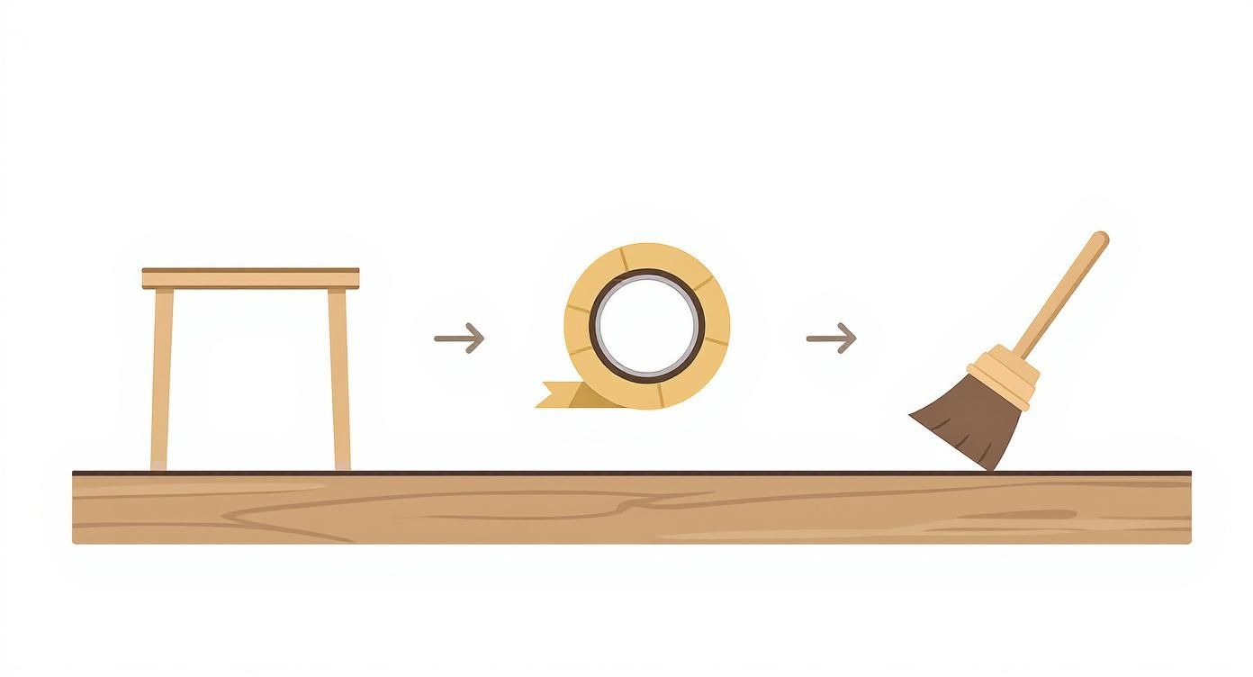 Infographie montrant les étapes de préparation avant le sablage: vider la pièce, protéger les surfaces et nettoyer le sol.