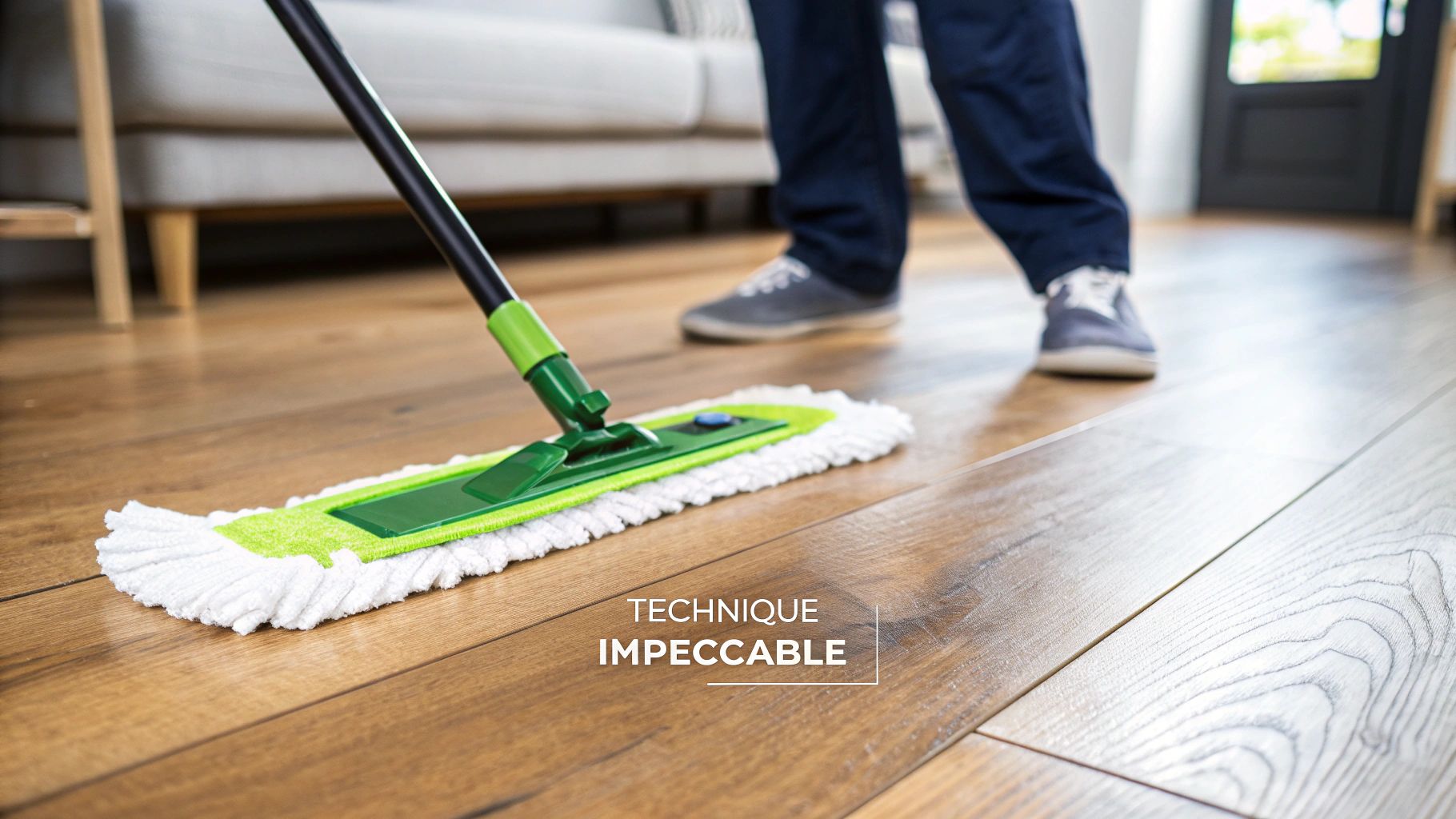 Vadrouille en microfibre sur un plancher de bois franc, montrant une technique de nettoyage appropriée.