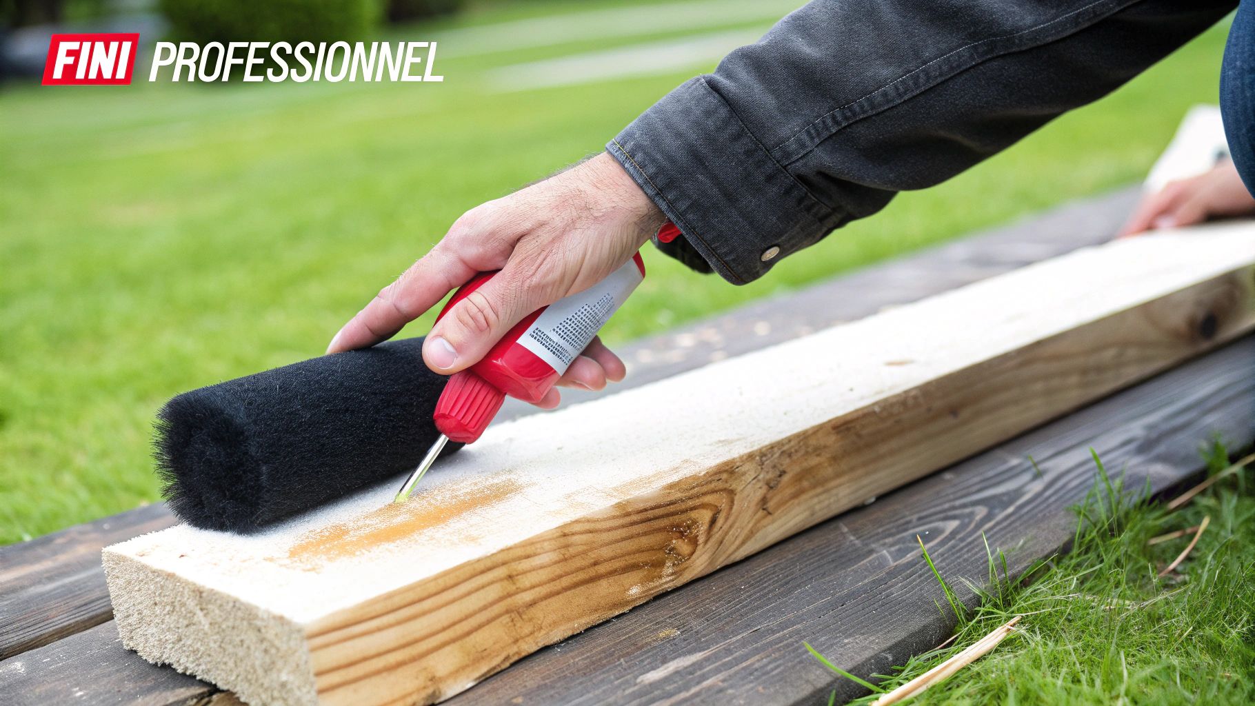 Une personne appliquant de la teinture sur un plancher en bois avec un chiffon.
