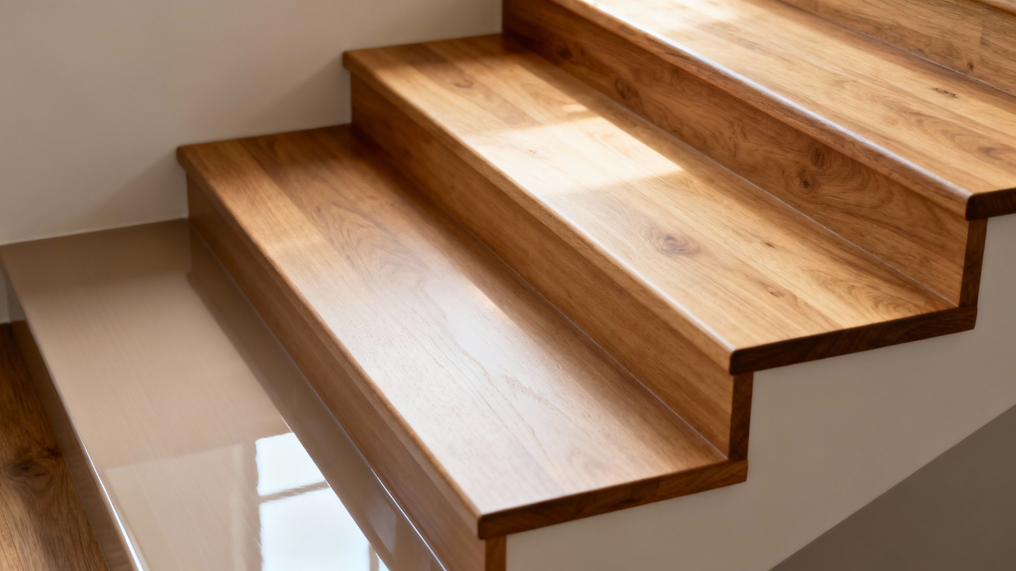 Finition appliquée sur un escalier en bois, mettant en valeur le grain du bois.