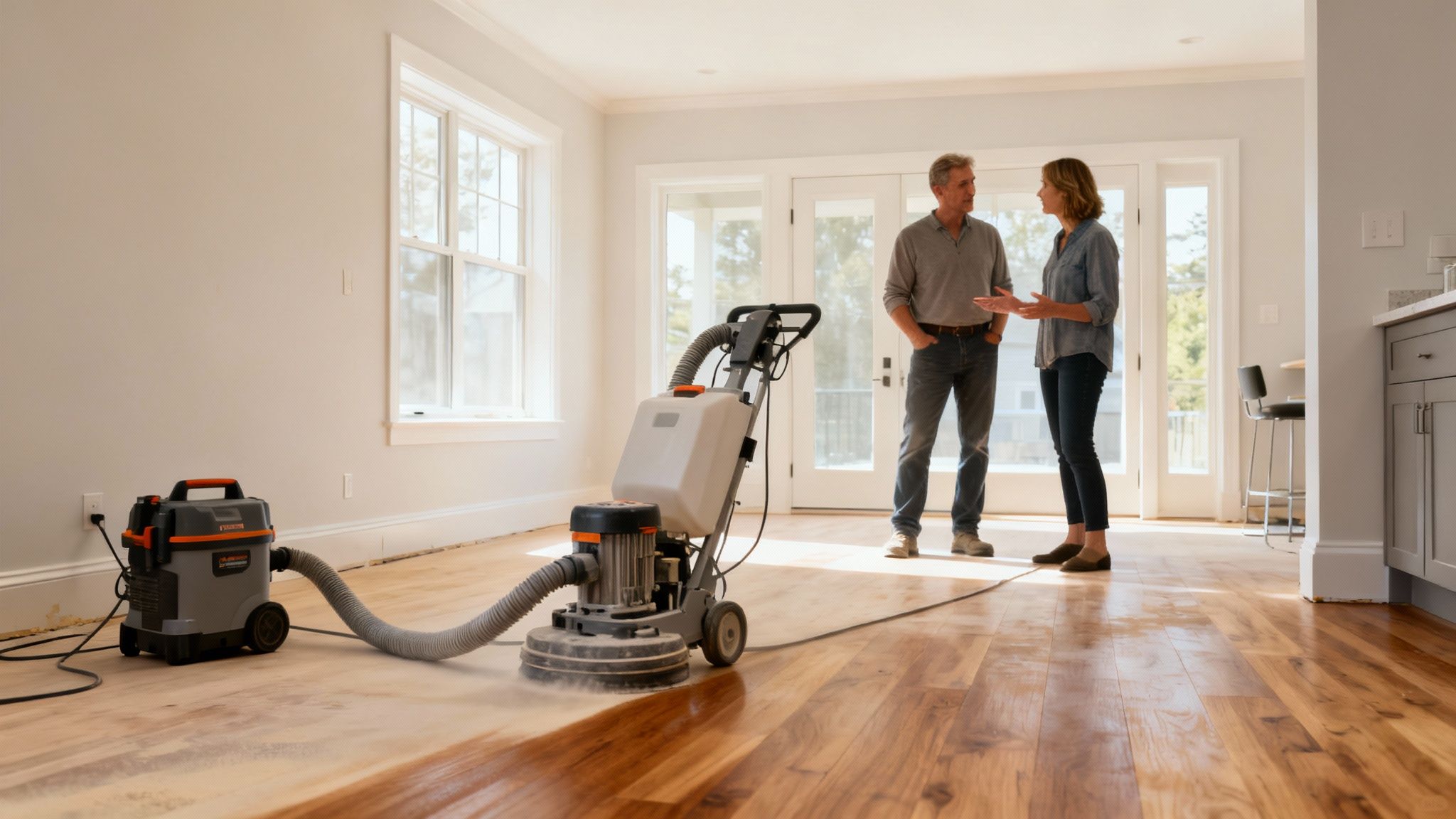 Un sableur de plancher professionnel inspecte un plancher de bois franc avant de commencer les travaux.