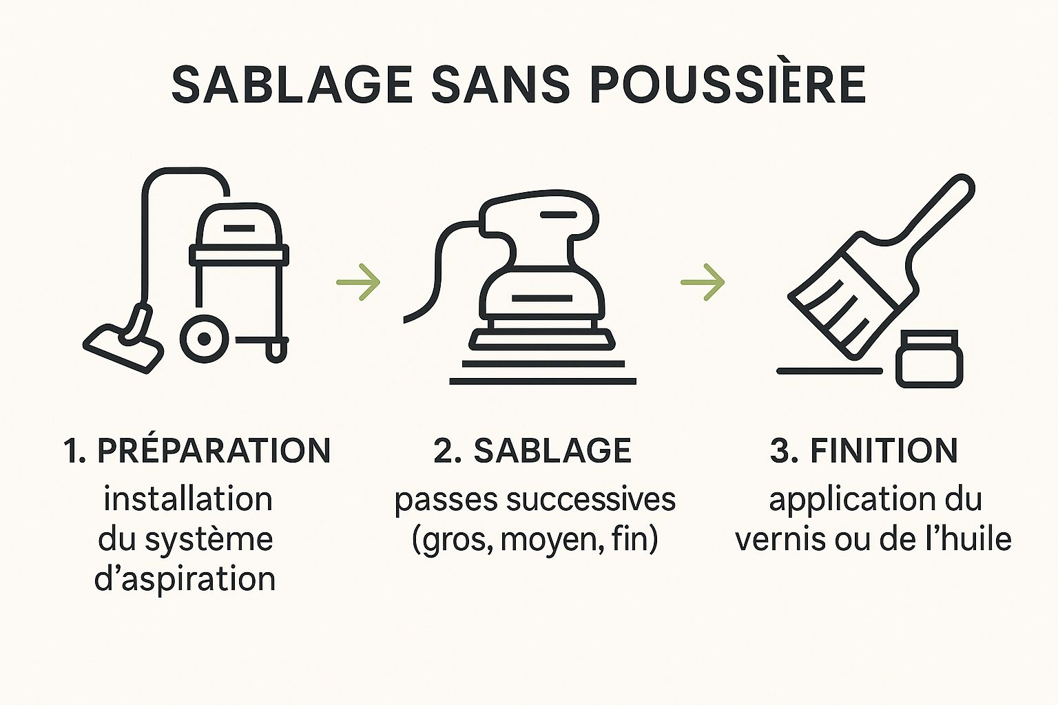 Infographie montrant le déroulement du sablage sans poussière en 3 étapes : 1. Préparation : installation du système d’aspiration ; 2. Sablage : passes successives (gros, moyen, fin) ; 3. Finition : application du vernis ou de l’huile.