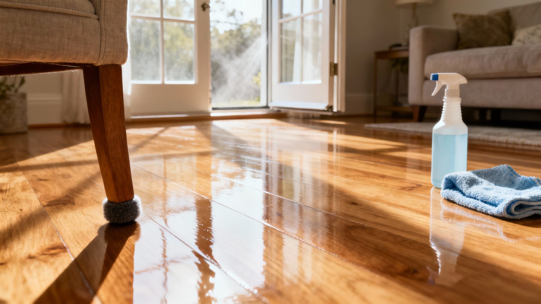 Une personne installant des feutres protecteurs sous les pieds d'une chaise sur un plancher de bois franc.