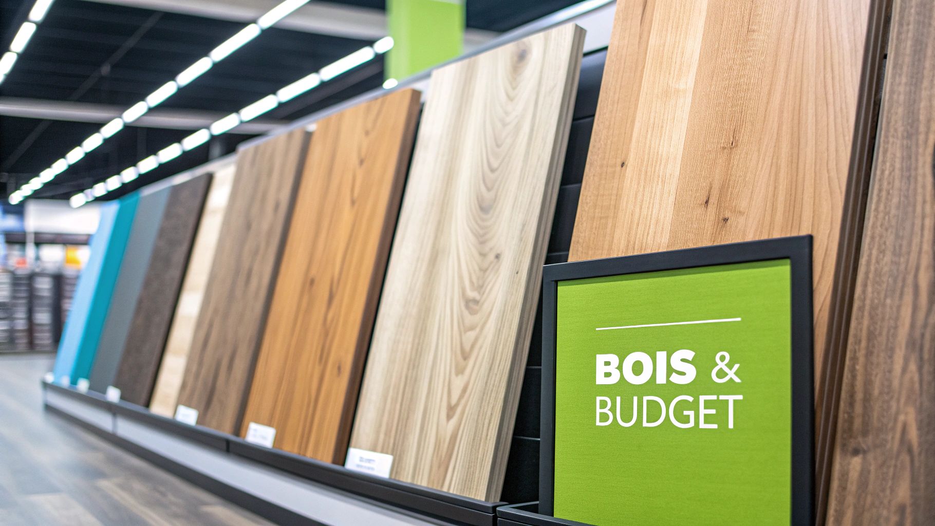Une sélection de planches de bois de différentes essences, montrant la variété de couleurs et de grains